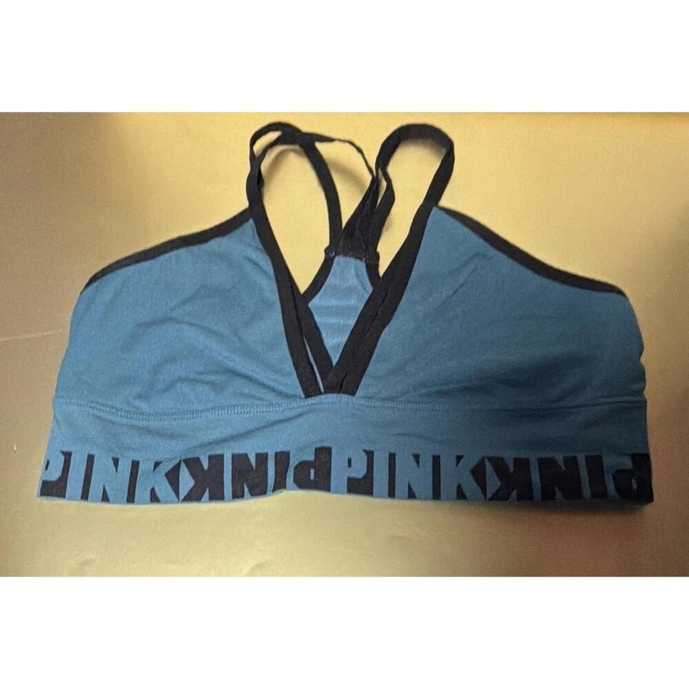 PINK Victoria's Secret Blue Black Strappy Racerback Sports Bra Size Large